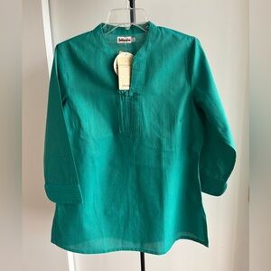NWT Fabindia kurta Tunic Blouse Teal Turquoise Gold Zari Thread Nehru Cotton L
